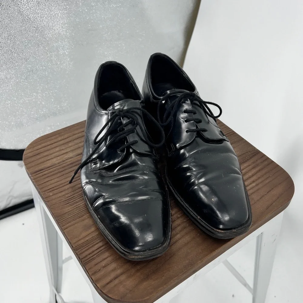 ECCO Mens Black Leather Derby Shoes Lace Up Shock Point Dress Shoes Size 42